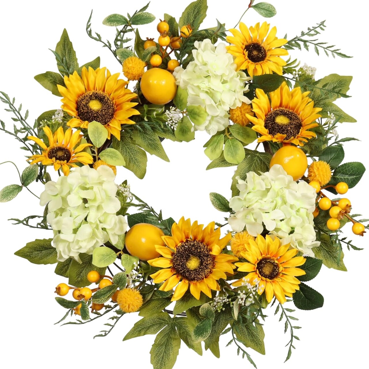 Sunflower Wreath with Hydrangeas, Lemons, Big Berry,Summer Wreath for Front Door, Unique Housewarming Gift,mother'day Gift,Farmhouse Porch Decor, Wall Decor-22IN